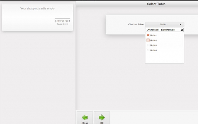 Table selection for table orders through POS screen